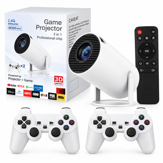 Смарт проэктор с 2 джойстиками, Android 11, клеткой 64 ГБ, WiFi 6 Bluetooth для дома белый - Фото 2 Смарт проэктор с 2 джойстиками, Android 11, клеткой 64 ГБ, WiFi 6 Bluetooth для дома белый - изображение 2