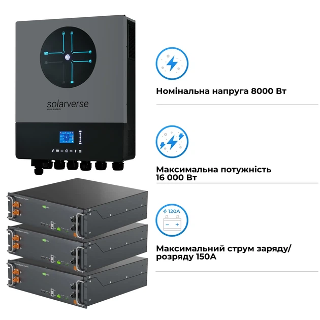 Система зберігання енергії Solarverse SV-1SV8K1-LEC15K1-1 8kW 15.4kWh 3BAT LiFePO4 ≥6000 циклов - зображення 3