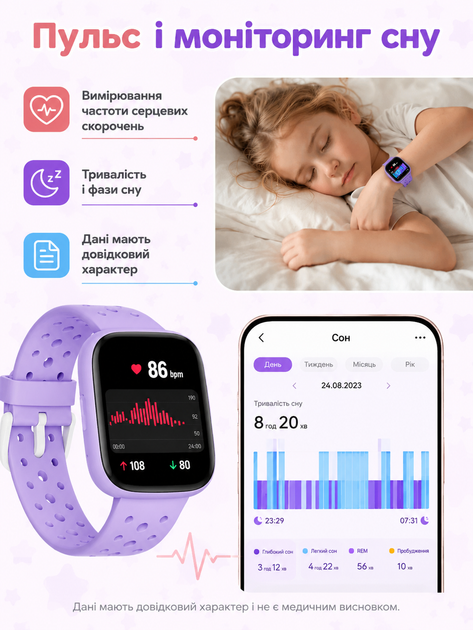 Детские смарт-часы TICTIKY Stellar 2 BW01 1.83" с пульсометром, шагомером и 80+ спортивными режимами сиреневые - изображение 4