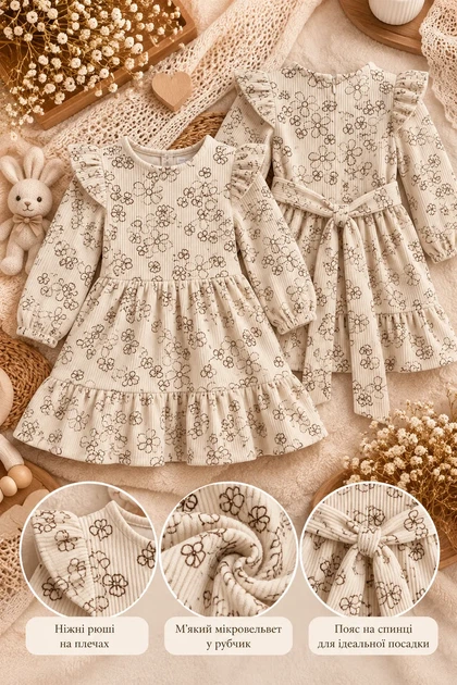 Сукня вельветова Little Bloom Беж квіти 104 см - изображение 3