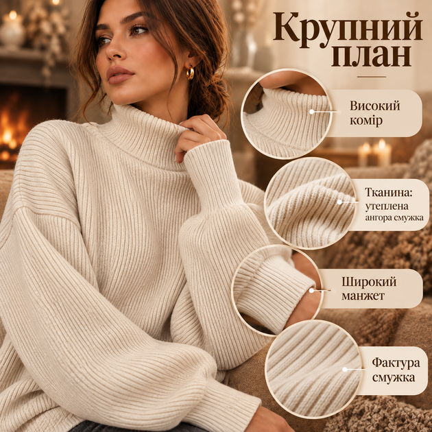 Жіноча тепла кофта 52–54 бежева з ангори смужка з коміром-гольфом, широкими рукавами та довгими манжетами - зображення 4
