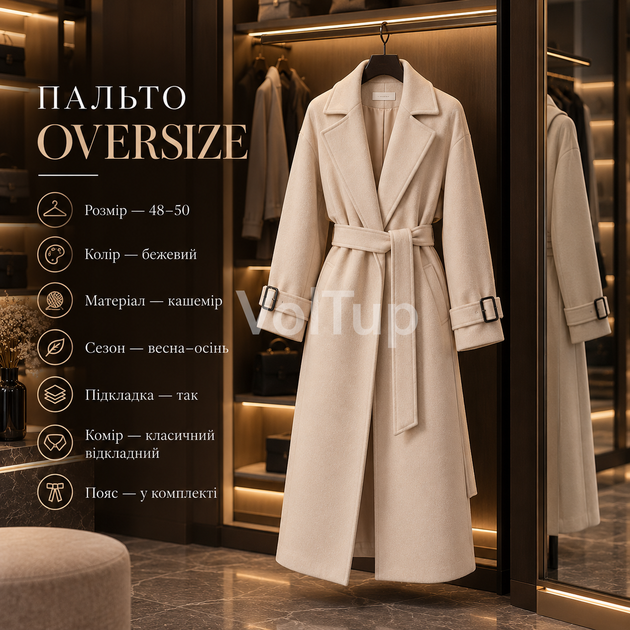 Длинное женское пальто oversize бежевое 48–50 из кашемира на подкладке, демисезонное с поясом - изображение 5