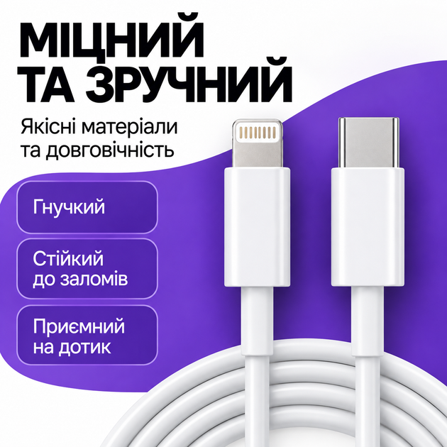 Кабель зарядки для iPhone 8/X/11/12/13/14 Pro Max кабель швидкої зарядки Type-C to Lightning шнур зарядки для айфона 1.5 м White - Фото 2 Кабель зарядки для iPhone 8/X/11/12/13/14 Pro Max кабель швидкої зарядки Type-C to Lightning шнур зарядки для айфона 1.5 м White - зображення 2