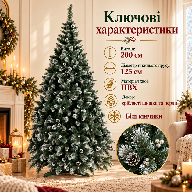 Новорічне дерево Кармен заввишки 2 метри із срібним оформленням та перлинами - Фото 4 Новорічне дерево Кармен заввишки 2 метри із срібним оформленням та перлинами - изображение 4
