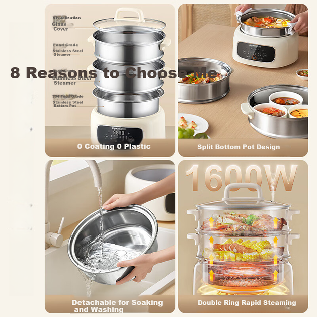 Электрическая пароварка Joyoung Household Steamer Pot, 15,5 л, трехслойная, без покрытия, с откидным дном и корзиной для приготовления на пару, полностью стальная, съемная и легко моющаяся, мощность 1600 Вт, двухконтурный нагревательный элемент, программи - изображение 4