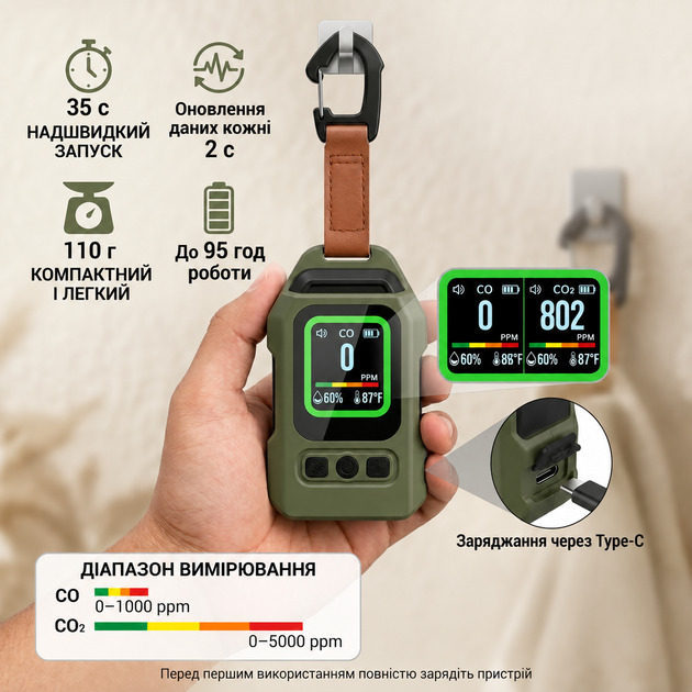 Датчик CO и CO2 NDIR, Детектор угарного и угликислого газа с термометром и гигрометром, зарядка USB, 2000Mah, фонарик, магнит, качество воздуха, Folem AirMeter PRO - Зеленый - изображение 5