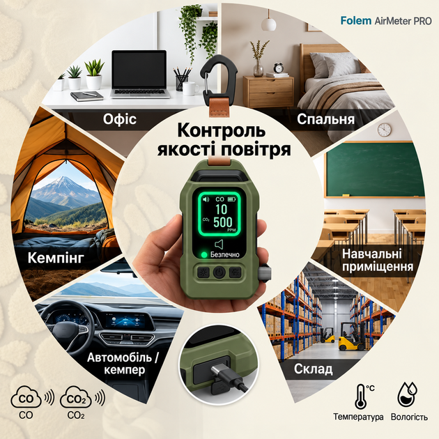 Датчик CO и CO2 NDIR, Детектор угарного и угликислого газа с термометром и гигрометром, зарядка USB, 2000Mah, фонарик, магнит, качество воздуха, Folem AirMeter PRO - Зеленый - изображение 8