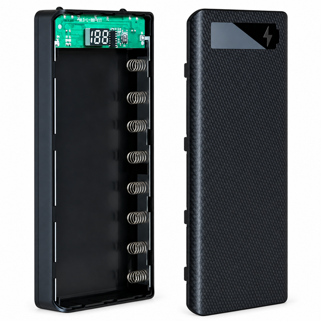 Корпус для повербанка DIY 8×18650 с дисплеем и LED-фонариком, Type-C / Micro-USB, чёрный, без аккумуляторов - Фото 2 Корпус для повербанка DIY 8×18650 с дисплеем и LED-фонариком, Type-C / Micro-USB, чёрный, без аккумуляторов - изображение 2