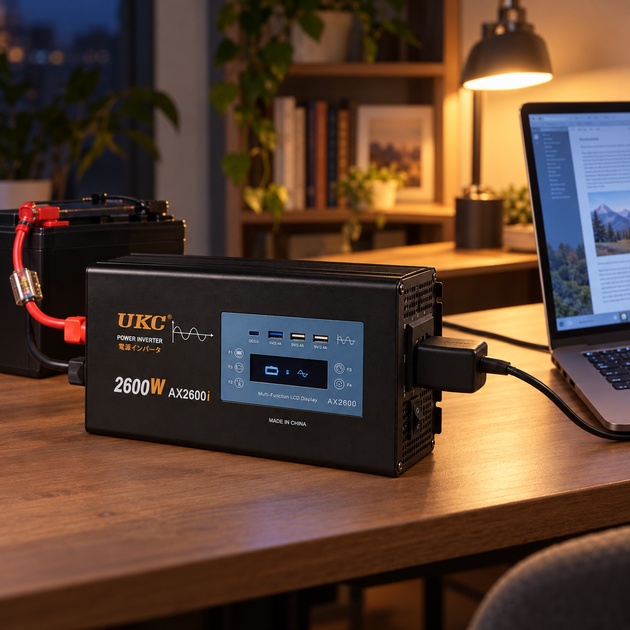 Інвертор атомобільний перетворювач напруги з USB виходом, LCD дисплеєм, захистом від короткого замикання 2600 Вт 12V–220V з чистою синусоїдою 3×USB та Type-C - зображення 3