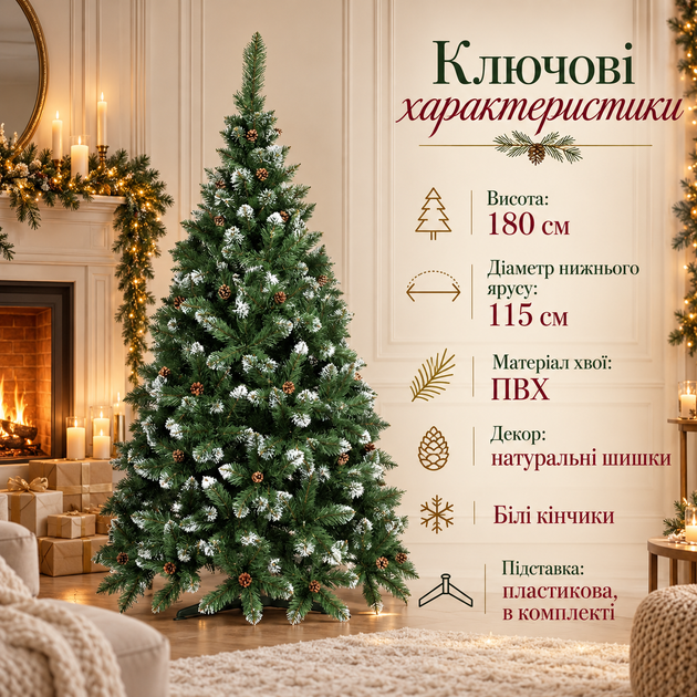 Новорічне дерево Елітна заввишки 1,8 м зі сріблястими шишками й зимовим напиленням - изображение 3