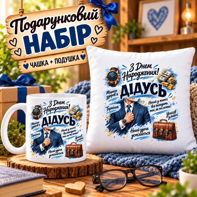 Подарочный набор для дедушки «С Днем рождения! ДЕДУШКА» — чашка 330 мл и подушка 35×35 см - Фото 1 Подарочный набор для дедушки «С Днем рождения! ДЕДУШКА» — чашка 330 мл и подушка 35×35 см - изображение 1