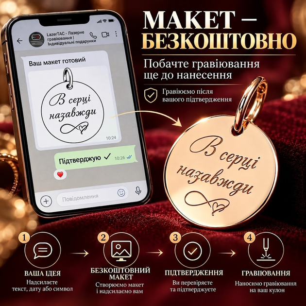 Золотой круглый кулон 15 мм с гравировкой В сердце навсегда из золота 585 пробы (219401) - Фото 5 Золотой круглый кулон 15 мм с гравировкой В сердце навсегда из золота 585 пробы (219401) - изображение 5
