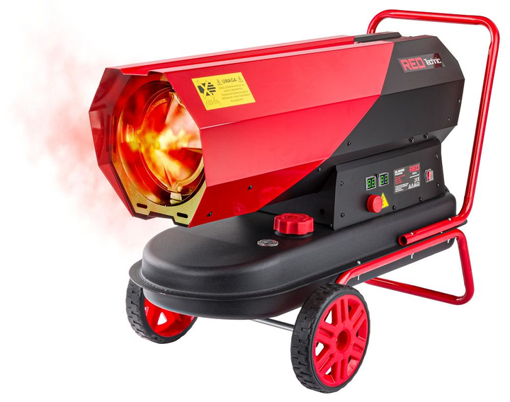 Пушка дизельная тепловая тепловентилятор RED TECHNIC RTNGO0126 масляный обогреватель промышленный напольный дуйчик для дома строительства дачи склада 40 кВт бак 19 л производительность 920 м³/ч регулятор температуры дисплей на колесах с ручкой - изображение 2