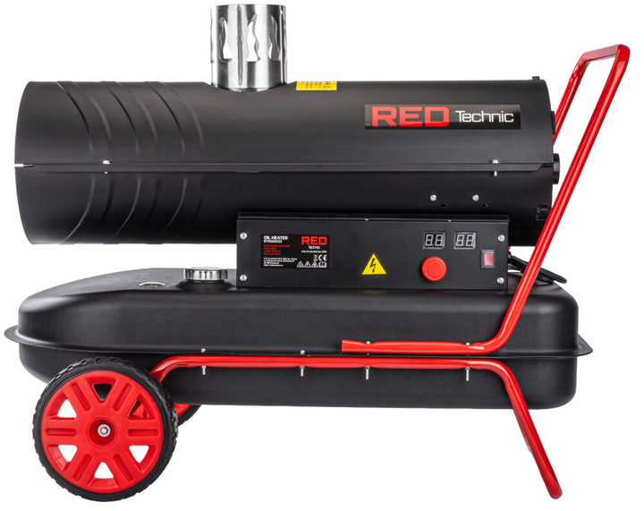 Дизельная тепловая пушка тепловентилятор RED TECHNIC RTNGO0122 обогреватель промышленный напольный дуйчик для дома дачи склада магазина 30 кВт бак 36 л производительность 850 м³/ч регулятор температуры дисплей на колесах с ручкой - изображение 3