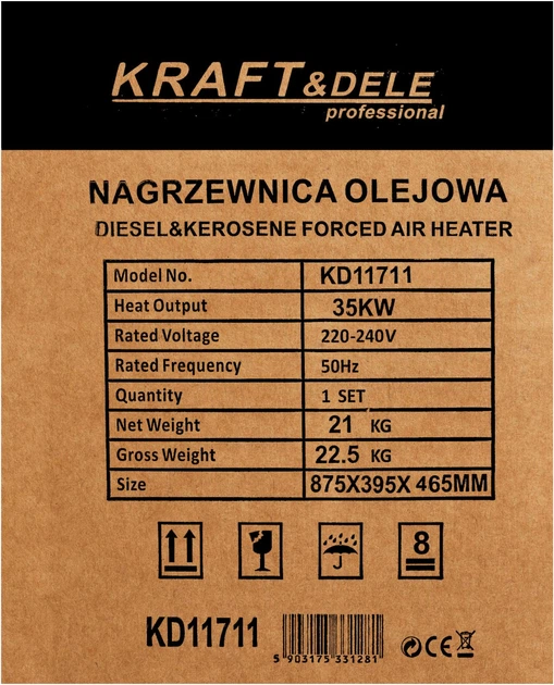 Дизельная тепловая пушка 35000 Вт Kraft&Dele KD11711 с автоматическим термостатом и воздушным потоком 720 м³/час для склада, мастерских и хозяйственных зон - изображение 15