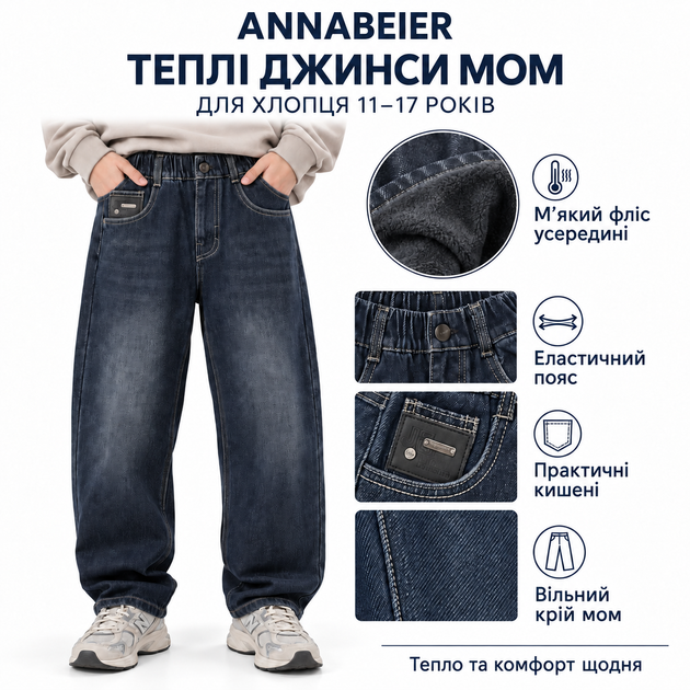 Підліткові утеплені джинси Annabeier Mom Wide з еластичним поясом,Темно-синій 170 - Фото 7 Підліткові утеплені джинси Annabeier Mom Wide з еластичним поясом,Темно-синій 170 - зображення 7