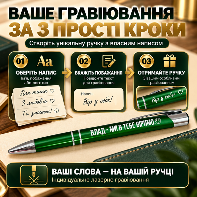 Металическая ручка с гравировкой Влад - мы в тебя верим Шариковая Зеленый (221901) - изображение 3