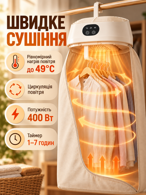 Электрическая сушилка для белья электросушилка для одежды вещей до 10 кг 400 Вт с подогревом вертикальная складная портативная подвесная сушка с тканевым чехлом и таймером 1-7 часов - Фото 5 Электрическая сушилка для белья электросушилка для одежды вещей до 10 кг 400 Вт с подогревом вертикальная складная портативная подвесная сушка с тканевым чехлом и таймером 1-7 часов - изображение 5