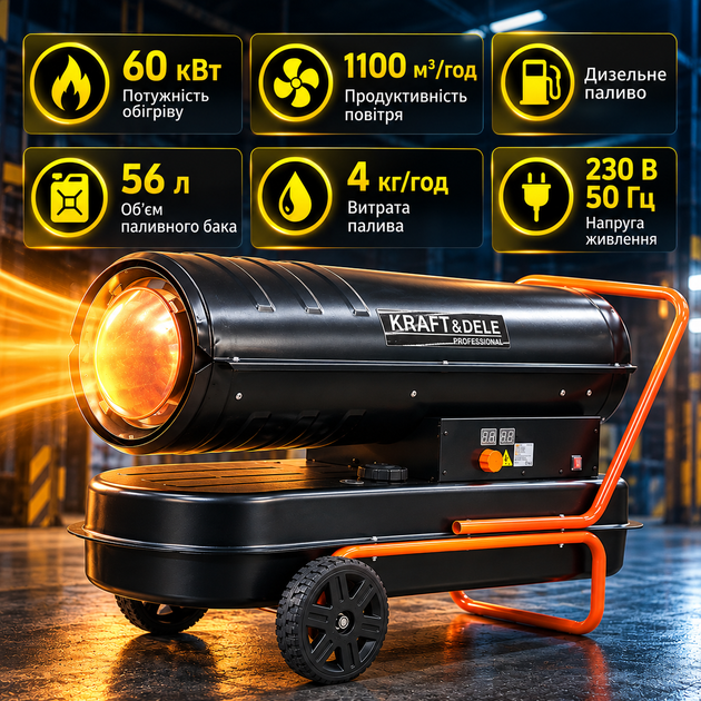 Дизельная тепловая пушка Kraft&Dele KD11712 60 кВт бак 56 л Промышленный обогреватель производительность 1100 м³/ч с термостатом - изображение 2