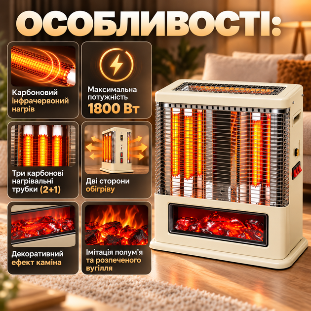 Инфракрасный обогреватель CR191F Radiant Heater 1800 Вт, карбоновый кварцевый с эффектом камина, напольный, бежевый - изображение 2