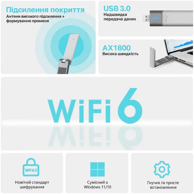 Беспроводной адаптер Wi-Fi TP-Link Archer TX20UH AX1800 Dual-Band Wi-Fi 6 USB 3.0 (102433602) - Фото 4 Беспроводной адаптер Wi-Fi TP-Link Archer TX20UH AX1800 Dual-Band Wi-Fi 6 USB 3.0 (102433602) - изображение 4