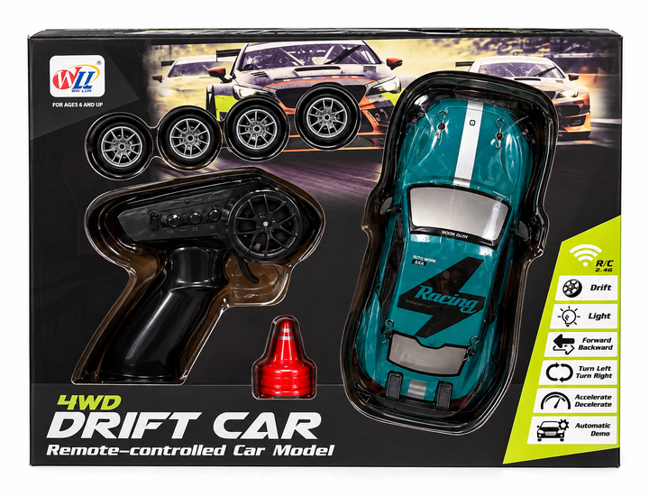 Радиоуправляемая машинка 4WD Drift Car с пультом управления, световыми эффектами и комплектом сменных колес, бирюзовая - Фото 2 Радиоуправляемая машинка 4WD Drift Car с пультом управления, световыми эффектами и комплектом сменных колес, бирюзовая - изображение 2