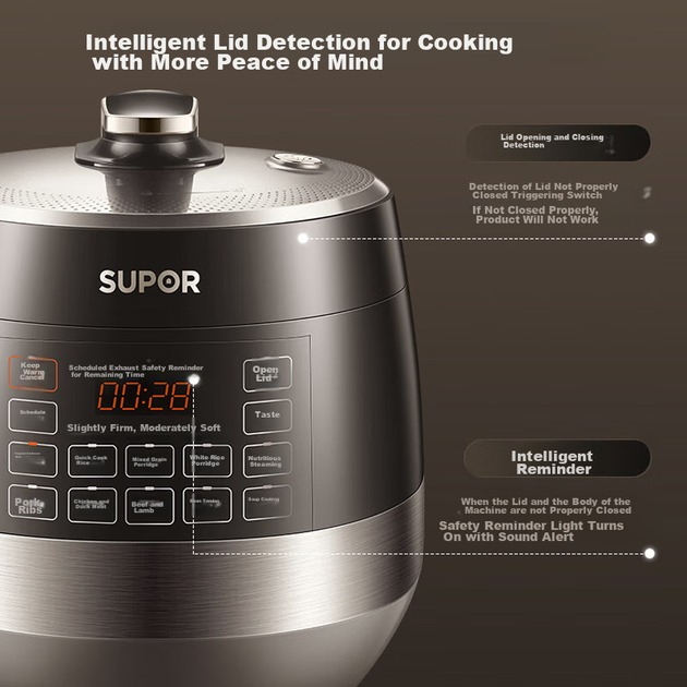 Електрична скороварка SUPOR 0 Coating Ball Pot, подвійна внутрішня каструля об'ємом 6 л, повністю автоматичне інтелектуальне резервування, домашнє використання, рисоварка високого тиску SY-60YC6011Q для 6-8 осіб - Фото 10 Електрична скороварка SUPOR 0 Coating Ball Pot, подвійна внутрішня каструля об'ємом 6 л, повністю автоматичне інтелектуальне резервування, домашнє використання, рисоварка високого тиску SY-60YC6011Q для 6-8 осіб - зображення 10