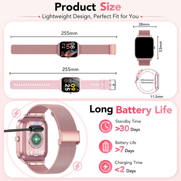 Смарт-годинник жіночий 1.85″ Bluetooth 5.4 з дзвінками, 2 ремінці, 120+ спортрежимів, IP68, пульсометр, акумулятор 450 мА·год - Фото 6 Смарт-годинник жіночий 1.85″ Bluetooth 5.4 з дзвінками, 2 ремінці, 120+ спортрежимів, IP68, пульсометр, акумулятор 450 мА·год - зображення 6