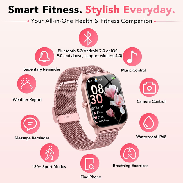 Смарт-годинник жіночий 1.85″ Bluetooth 5.4 з дзвінками, 2 ремінці, 120+ спортрежимів, IP68, пульсометр, акумулятор 450 мА·год - Фото 8 Смарт-годинник жіночий 1.85″ Bluetooth 5.4 з дзвінками, 2 ремінці, 120+ спортрежимів, IP68, пульсометр, акумулятор 450 мА·год - зображення 8
