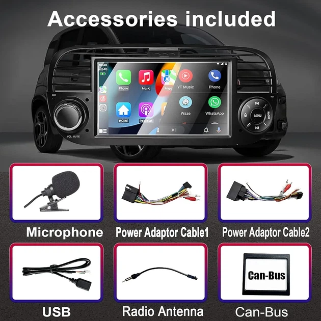 Автомагнитола Fiat 500 2007–2015, 7″ сенсорный экран, беспроводной Apple CarPlay и Android Auto, Bluetooth, USB, DSP - изображение 4