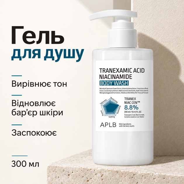 Гель для душу з транексамовою кислотою та ніацинамідом APLB Tranexamic Acid Niacinamide Body Wash, 300 мл 8809874685809 - зображення 2