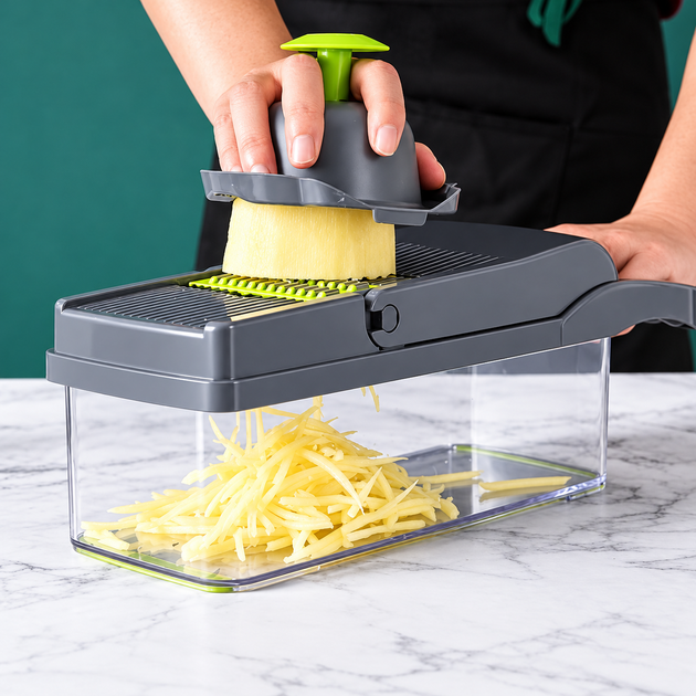 Универсальная овощерезка-мультислайсер Nicer Dicer 1857 с контейнером и сменными насадками для нарезки кубиками, ломтиками - изображение 4
