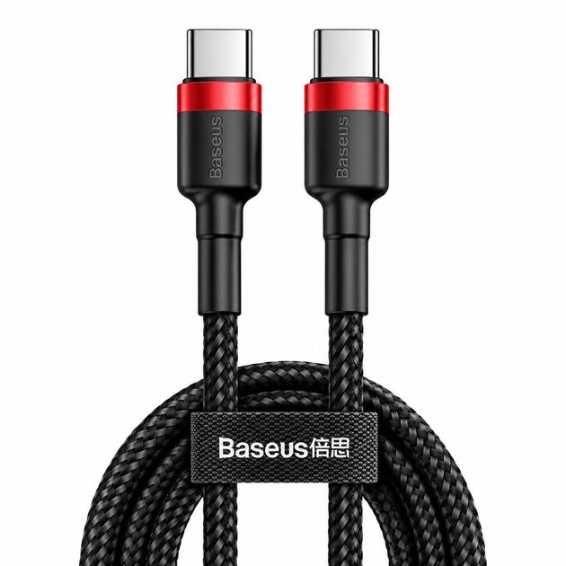 Кабель Baseus Cafule USB Type-C to Type-C 60W 3A 1 м, Black/Red - Фото 1 Кабель Baseus Cafule USB Type-C to Type-C 60W 3A 1 м, Black/Red - изображение 1