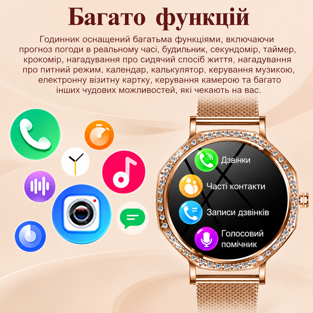 Женские смарт-часы Smart Watch AMOLED 1,32″ с Bluetooth-звонками, пульсометром, 2 ремешками, IP68 для Android и iPhone - изображение 5