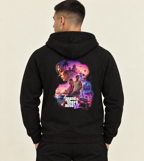 Худі унісекс з принтом GTA 6 Vice City на спині, на флісі, Чорний, XXL - Фото 2 Худі унісекс з принтом GTA 6 Vice City на спині, на флісі, Чорний, XXL - изображение 2