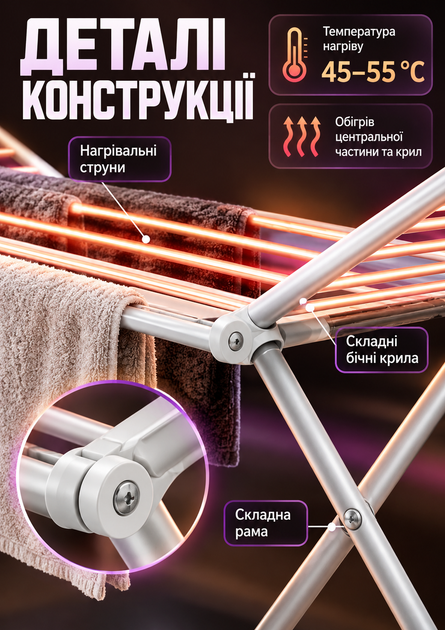 Электрическая напольная сушилка для белья 230 Вт 148×54×93 см складная с подогревом перекладин и боковых крыльев до 55°C - изображение 4