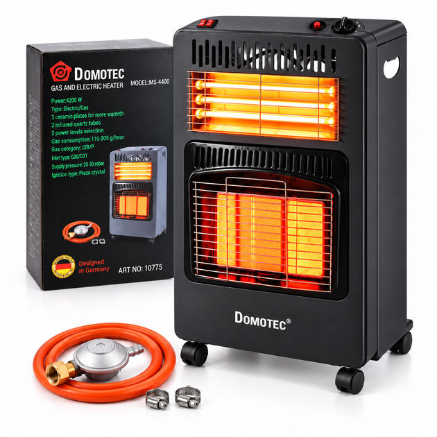 Обогреватель газово электрический DOMOTEC 4200 Вт, инфракрасный, кварцевый, на колесах, 2 в 1 - Фото 3 Обогреватель газово электрический DOMOTEC 4200 Вт, инфракрасный, кварцевый, на колесах, 2 в 1 - изображение 3
