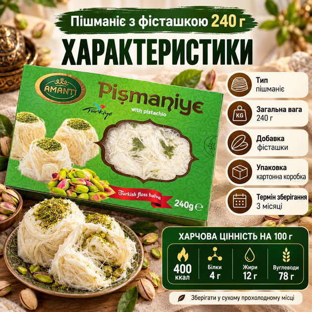 Пишмание Amanti Фисташка 240 г восточные сладости воздушный десерт с карамельным вкусом фисташками к чаю подарок - Фото 3 Пишмание Amanti Фисташка 240 г восточные сладости воздушный десерт с карамельным вкусом фисташками к чаю подарок - изображение 3