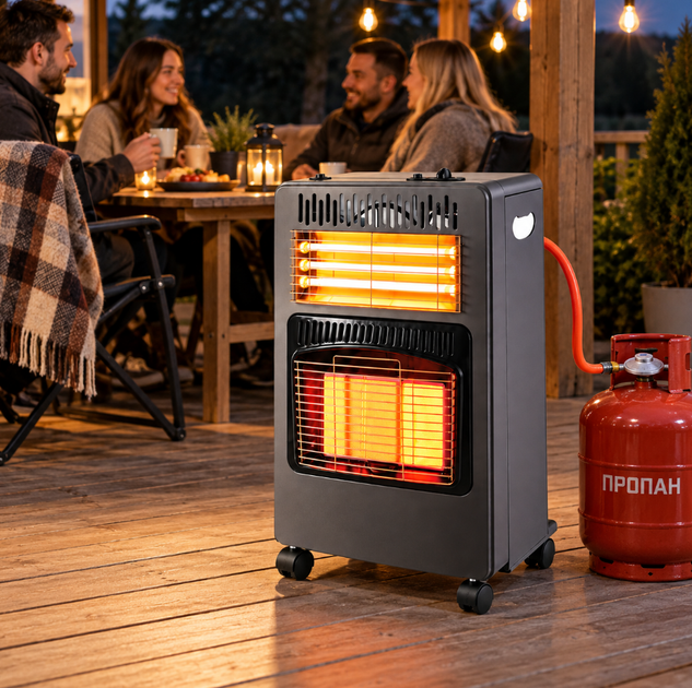 Газово-электрический инфракрасный обогреватель Domotec MS-6607 4200 Вт, комбинированный мобильный нагреватель 2 в 1 на газе и электричестве с колесиками для перемещения - изображение 2