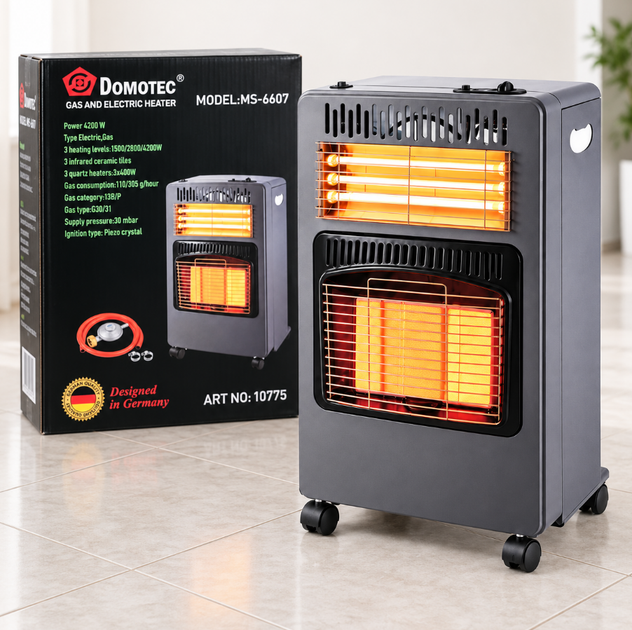 Газово-электрический инфракрасный обогреватель Domotec MS-6607 4200 Вт, комбинированный мобильный нагреватель 2 в 1 на газе и электричестве с колесиками для перемещения - изображение 4