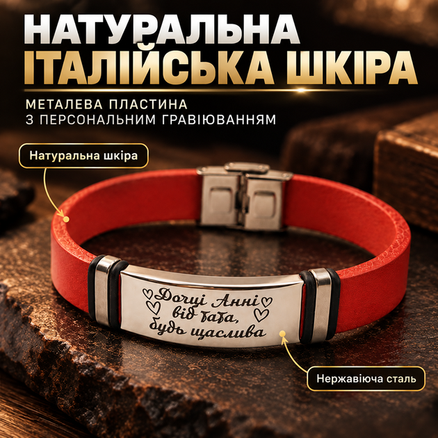 Шкіряний браслет з італійської шкіри з гравіюванням "Доці, Анні від тата, будь щасливою" Регульований розмір 23 см Сталь/Червоний (218801) - Фото 1 Шкіряний браслет з італійської шкіри з гравіюванням "Доці, Анні від тата, будь щасливою" Регульований розмір 23 см Сталь/Червоний (218801) - зображення 1