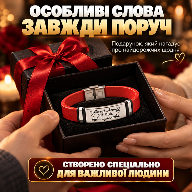 Шкіряний браслет з італійської шкіри з гравіюванням "Доці, Анні від тата, будь щасливою" Регульований розмір 23 см Сталь/Червоний (218801) - Фото 6 Шкіряний браслет з італійської шкіри з гравіюванням "Доці, Анні від тата, будь щасливою" Регульований розмір 23 см Сталь/Червоний (218801) - зображення 6