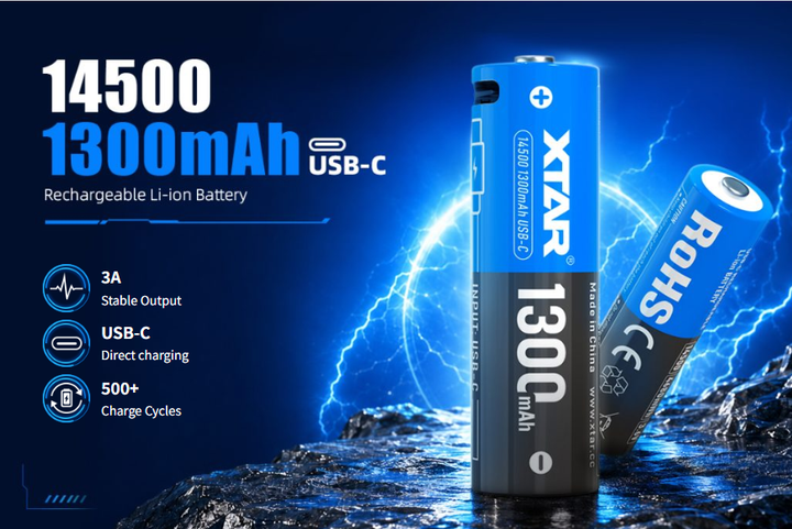 Аккумулятор 14500 Xtar Li-Ion 1300mAh USB-C, 1300mAh, 3A, 3.6V, Button Top, Box - Фото 8 Аккумулятор 14500 Xtar Li-Ion 1300mAh USB-C, 1300mAh, 3A, 3.6V, Button Top, Box - изображение 8