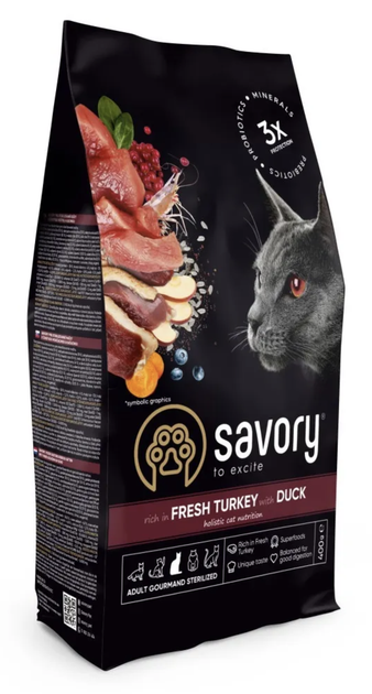Сухий корм Savory Adult Cat Steril Fresh Turkey and Duck для стерилізованих кішок та кастрованих котів з індичкою та качкою 400 г - Фото 1 Сухий корм Savory Adult Cat Steril Fresh Turkey and Duck для стерилізованих кішок та кастрованих котів з індичкою та качкою 400 г - зображення 1