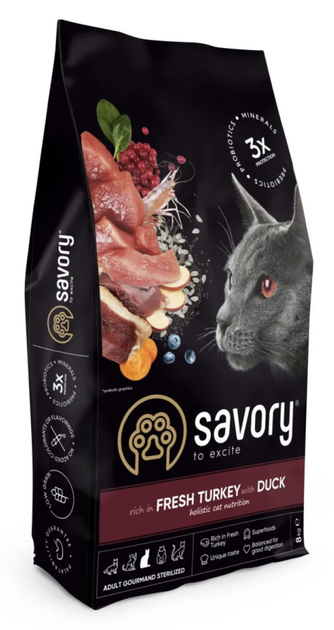 Сухой корм Savory Adult Cat Steril Fresh Turkey and Duck для стерилизованных кошек и кастрированных котов с индейкой и уткой 8 кг - Фото 1 Сухой корм Savory Adult Cat Steril Fresh Turkey and Duck для стерилизованных кошек и кастрированных котов с индейкой и уткой 8 кг - изображение 1