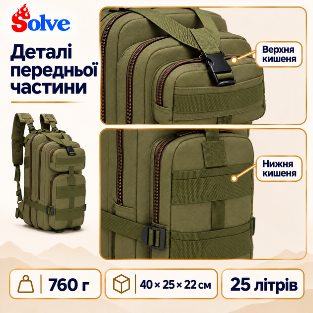 Рюкзак туристичний Solve KT7000501 25 л, олива, внутрішній вологозахисний шар, система MOLLE, м'які регульовані лямки - Фото 6 Рюкзак туристичний Solve KT7000501 25 л, олива, внутрішній вологозахисний шар, система MOLLE, м'які регульовані лямки - зображення 6
