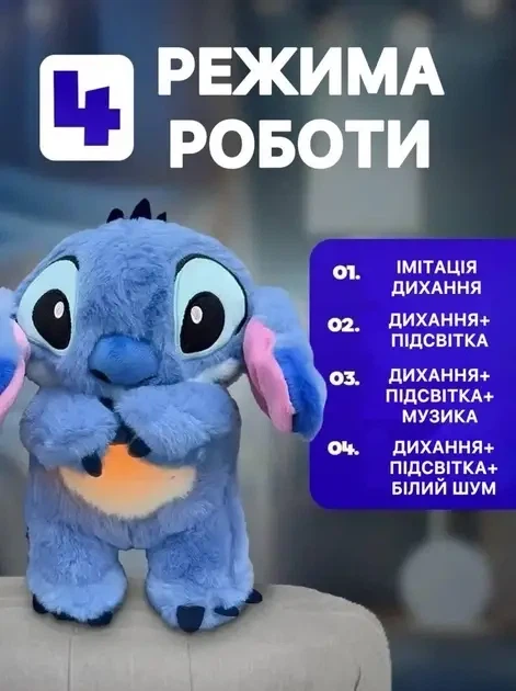 М'яка іграшка Нічник Дихаючий Стіч 30см 4 режима - изображение 2