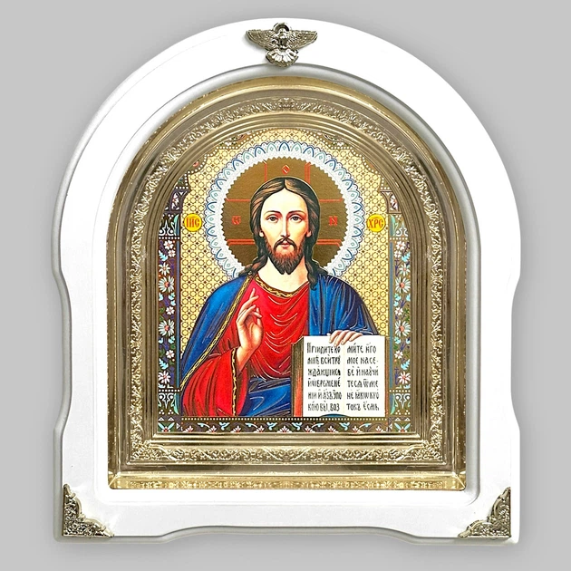 Икона Господа Вседержителя, лик 15х18 см, в белом деревянном киоте, арка - Фото 1 Икона Господа Вседержителя, лик 15х18 см, в белом деревянном киоте, арка - изображение 1
