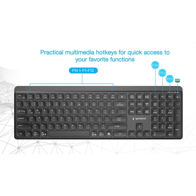 Комплект клавиатура + мышь Gembird KB-WPS-03 беспроводной Dual Mode 2.4 GHz + Bluetooth US раскладка Black (8716309136907) - Фото 6 Комплект клавиатура + мышь Gembird KB-WPS-03 беспроводной Dual Mode 2.4 GHz + Bluetooth US раскладка Black (8716309136907) - изображение 6