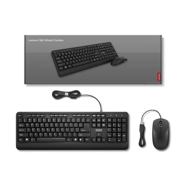 Комплект клавіатура + миша Lenovo 160 Wired Combo USB US розкладка Black (195892084112) - Фото 2 Комплект клавіатура + миша Lenovo 160 Wired Combo USB US розкладка Black (195892084112) - зображення 2